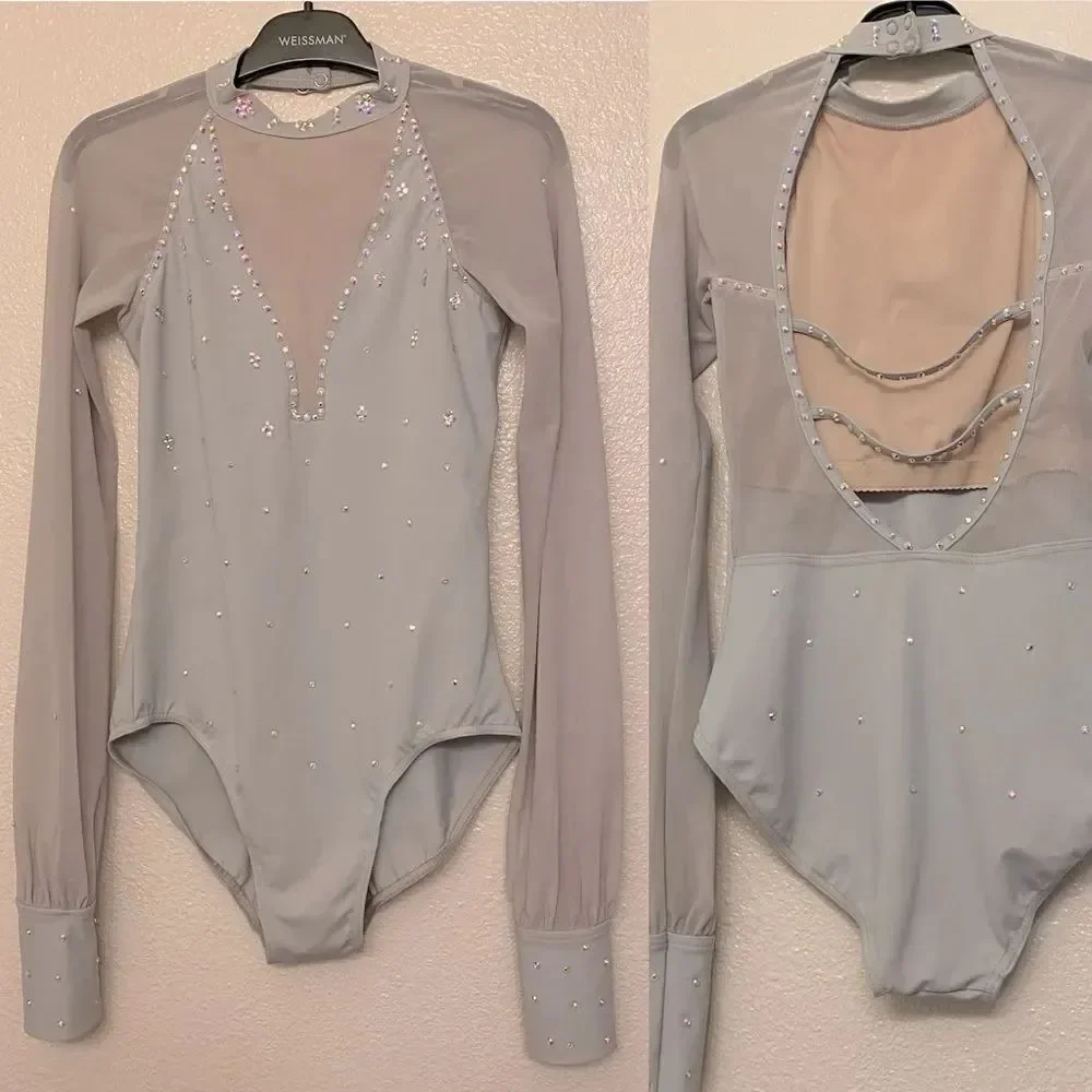 Weissman solo custom Dance costume gray Long Poet Sleeve Leotard MT11817 SA